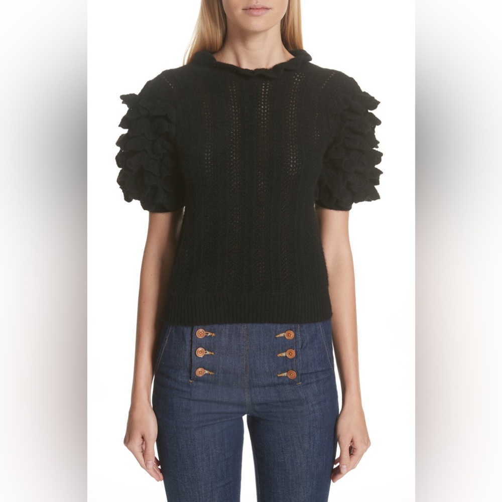 NWT Ulla Johnson Amie Ruffle Sleeve Cashmere Sweater In Black Size L